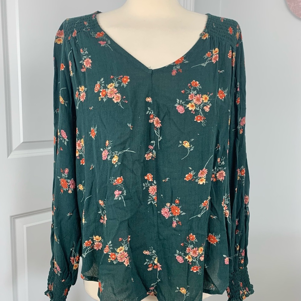 Mason & Belle Size Small Floral Forest Green Blouse, Orange / Yellow Accent